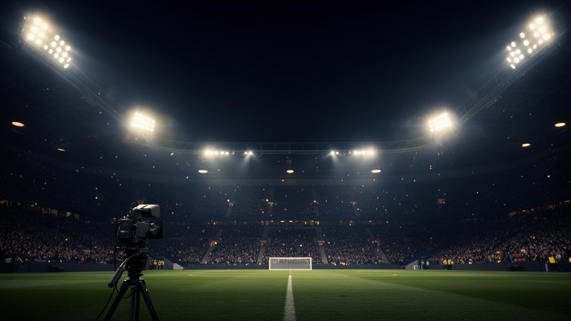 Football stadium under floodlights